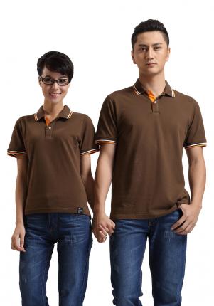 咖啡色珠地純棉POLO衫，領袖間條撞色，男女時尚t恤衫制作