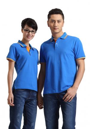 天藍色珠地棉T恤衫，領袖撞白色，男女時尚款定做 1