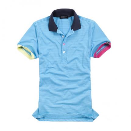 【定制】淺藍色細條紋男T恤印制加工 保羅服裝提供